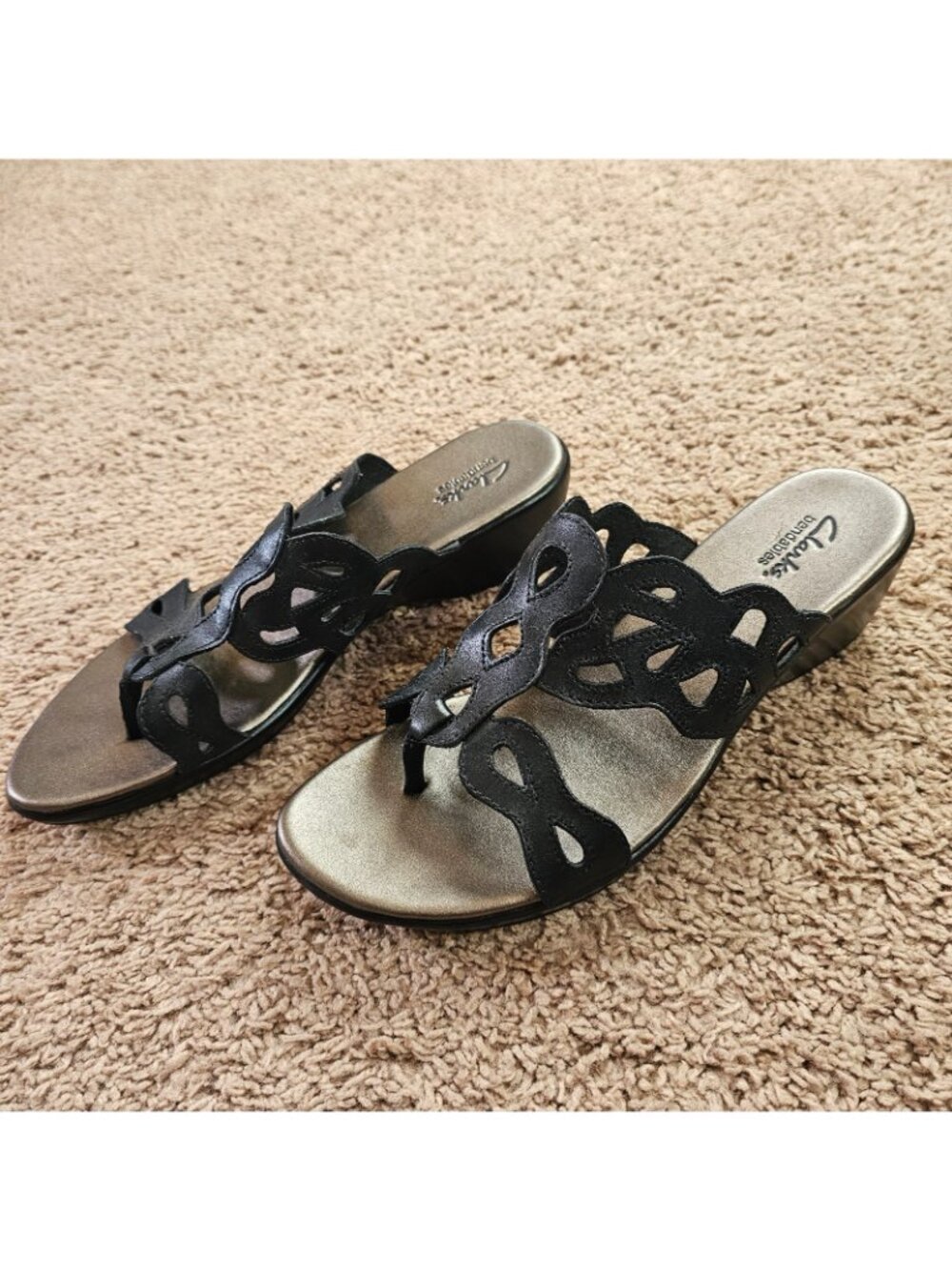 Clarks Bendables Wedge Sandals Womens 10M Black 37059 Comfort Slip On Slides - Picture 7 of 10